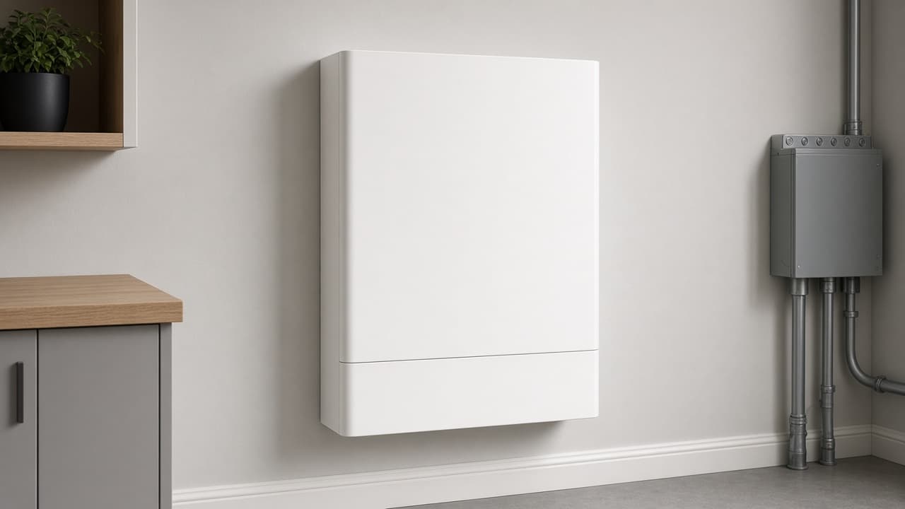 A white home battery cabinet on a utility-room wall