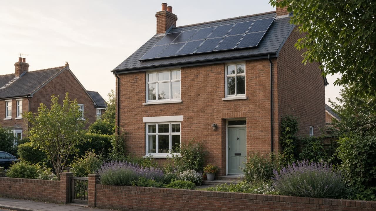 A brick house with solar panels on a slate roof