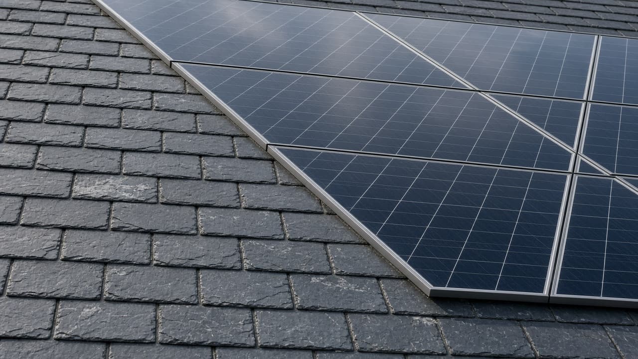 Dark solar panels set into a slate roof